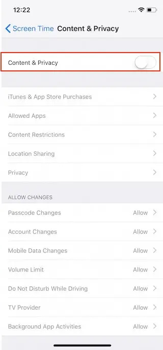 دسترسی Content & Privacy