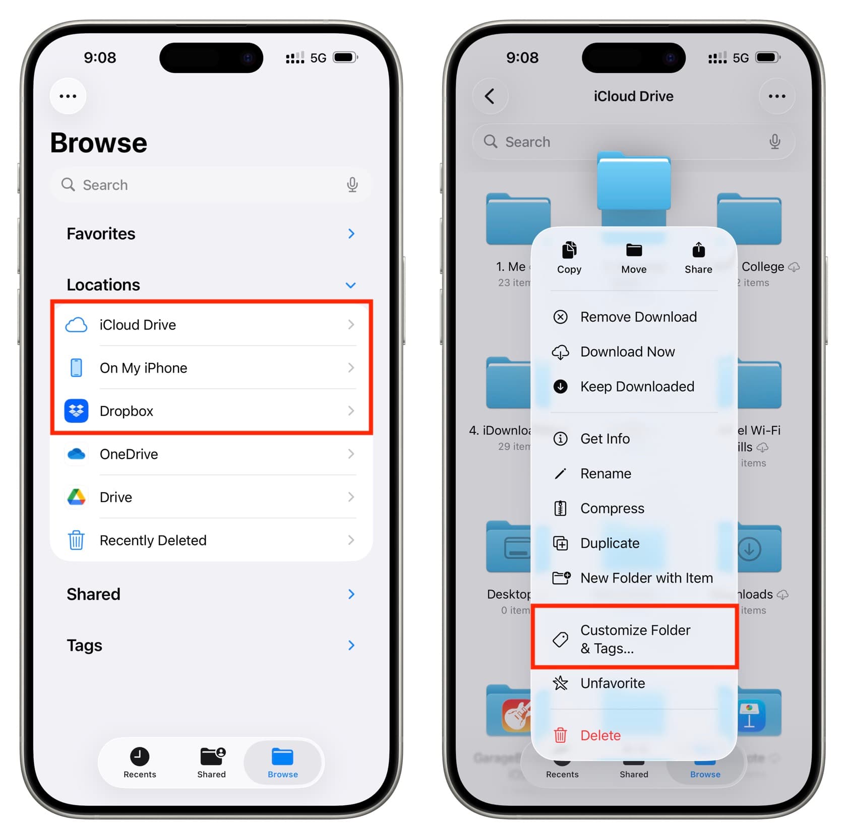 انتخاب پوشه برای تغییر رنگ فولدر در آیفون