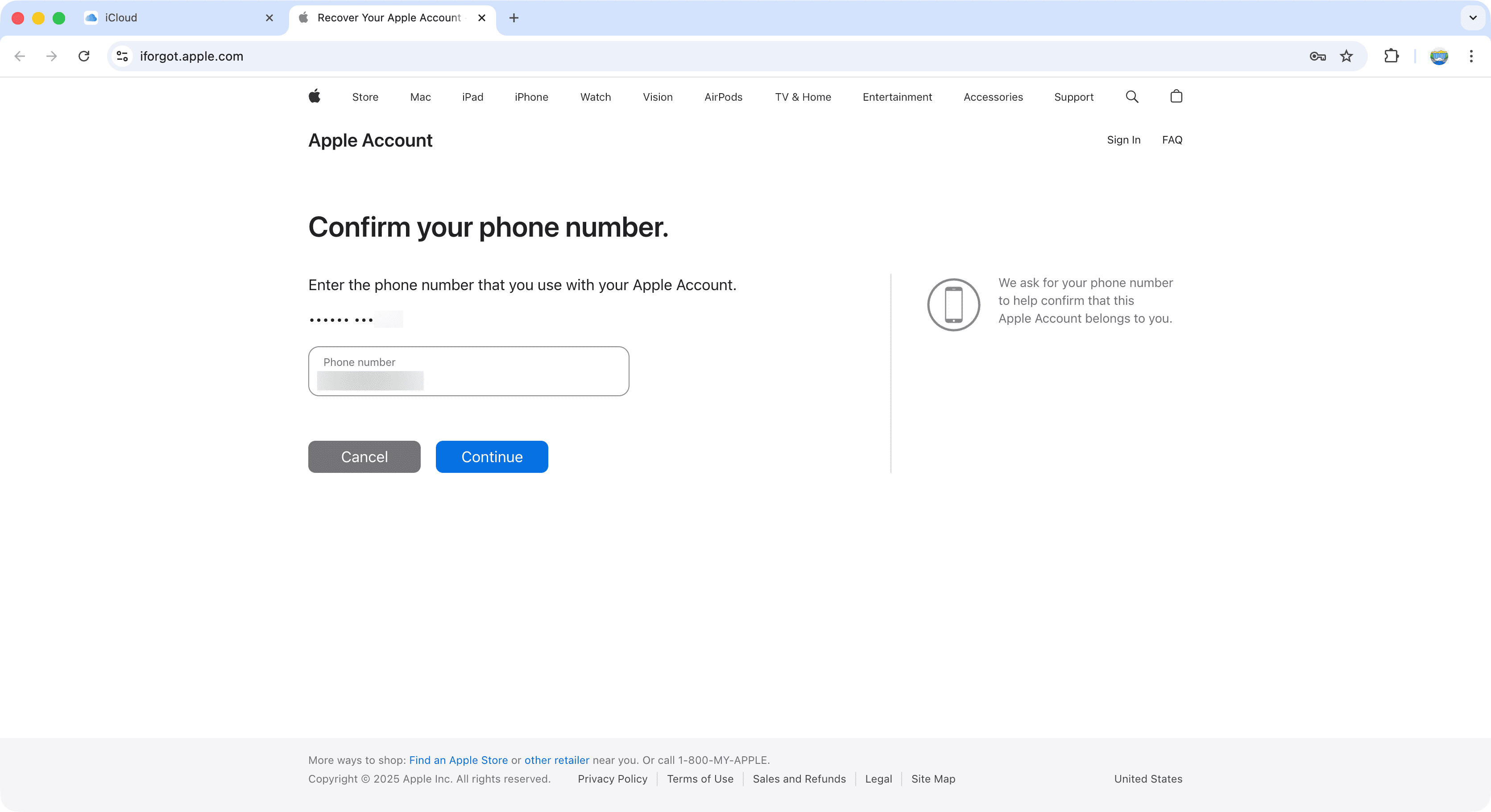 وارد کردن شماره برای ریکاور کردن آیکلود