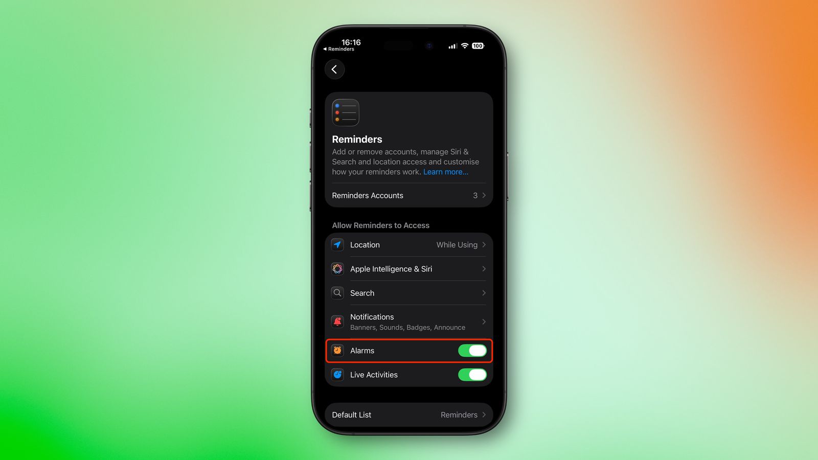 نحوه ست کردن Alarm برای اپ Reminders