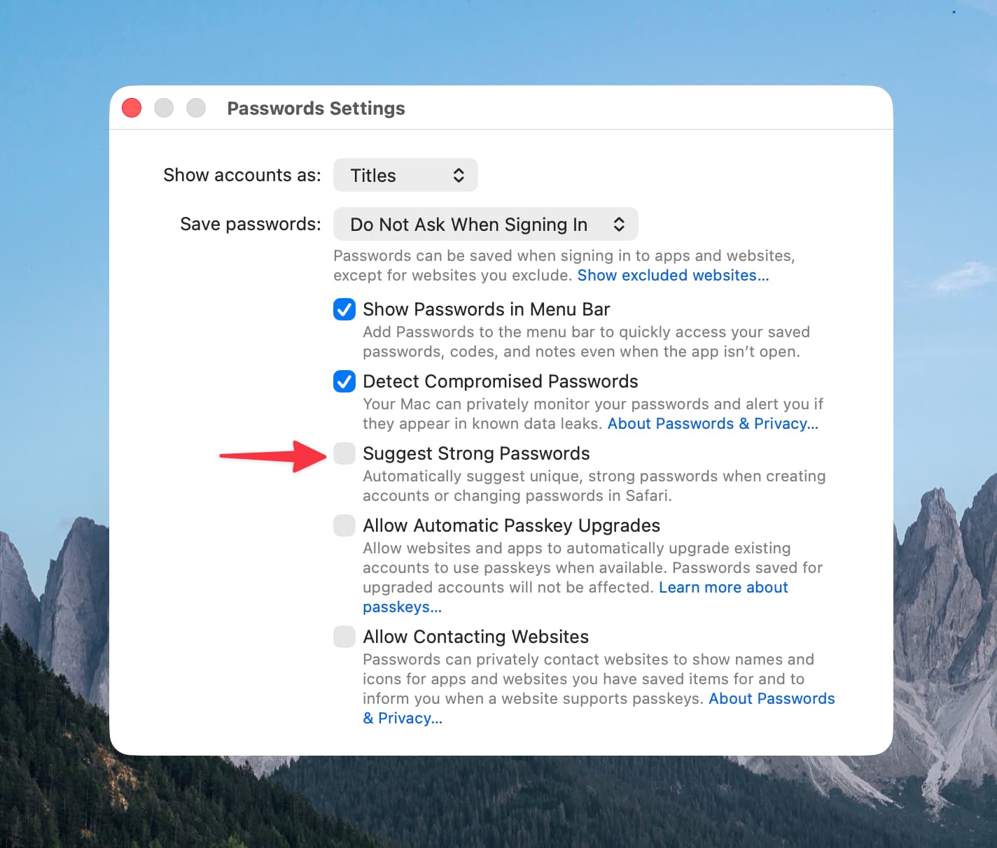 غیرفعال کردن ویژگی Suggest Strong Passwords